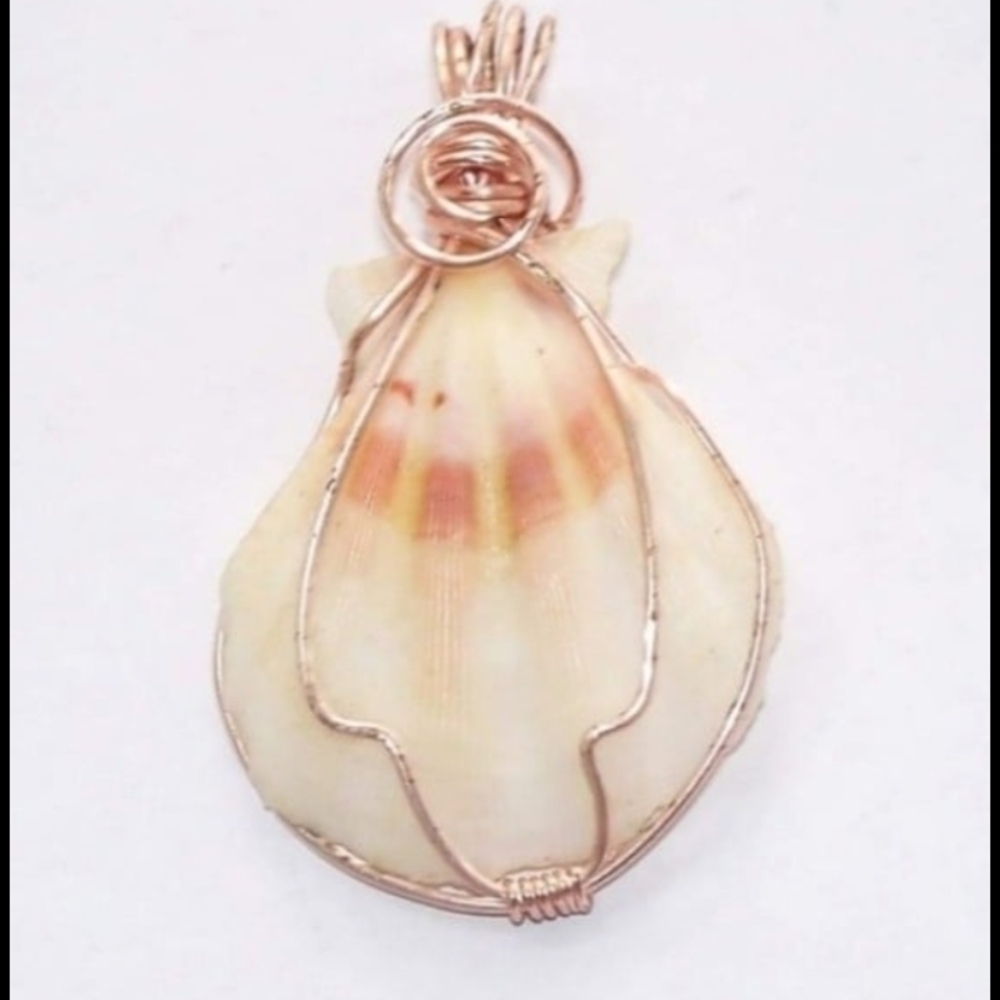 New Natural Scallop SeaShell Pendant Handwrapped 2" White & Shades of Orange